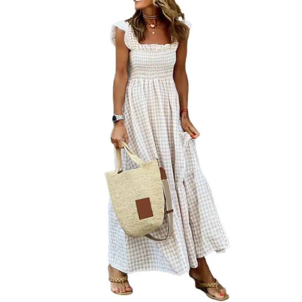 2025 Square Collar Sleeveless Women Dress Elastic Chest Wrap Ruffle Large Hem Women Plaid Print Sling Maxi Dress Summer Sundress