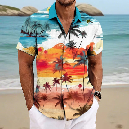 Beach Men's Lapel Shirt Summer Short Sleeve Outdoor Everyday Shirt Tops Landscape Printed Pattern  OverSize Loose Men Clothing