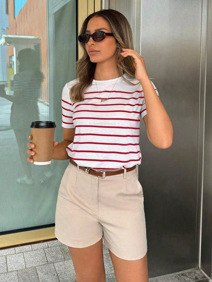 Women's Classic Stripe Printed Retro T-shirt Loose Breathable Short Sleeve CasualCommuter Clothing Home Clothing Top