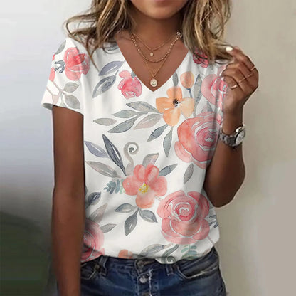Women T-Shirt Summer Flower Floral 3D Print T-Shirts Women Streetwear Harajuku T Shirt V-Neck Tees Woman Tops Oversized Clothing