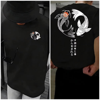 Japanese Koi Harajuku Illustration Pattern T-Shirt Men Summer Casual T Shirt Soft Fashion Short Sleeve Loose Cotton Sportswear