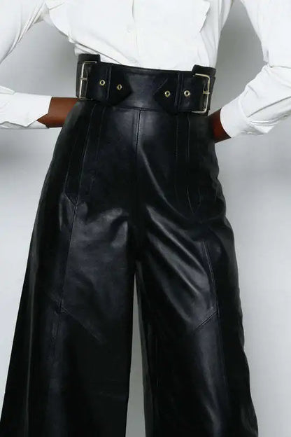 Casual Loose Leather Pants Women High Waist Wide Legs Solid Pocket Flare Pant Female 2025 Autumn Fashion Belt Streetwears Lady