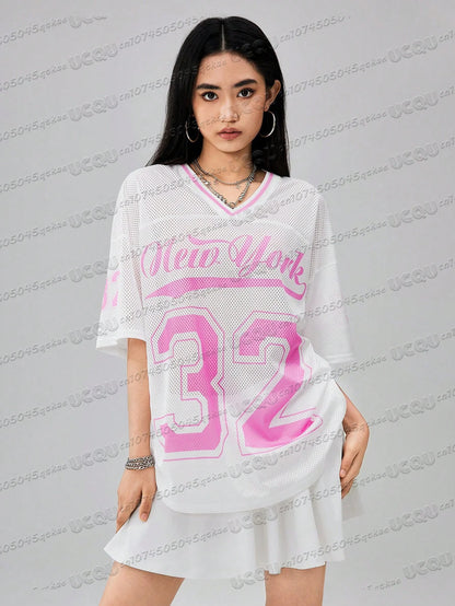 American Digital Printed Jersey T-Shirt V-Neck Mesh  Short Sleeved World Bank Streetwear Casual Women'S Clothing Top
