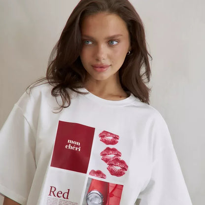 European and American Y2K Lip Printed T-shirt Women's Summer Fashion Casual Creative Streetwear Retro Short-sleeved Clothing