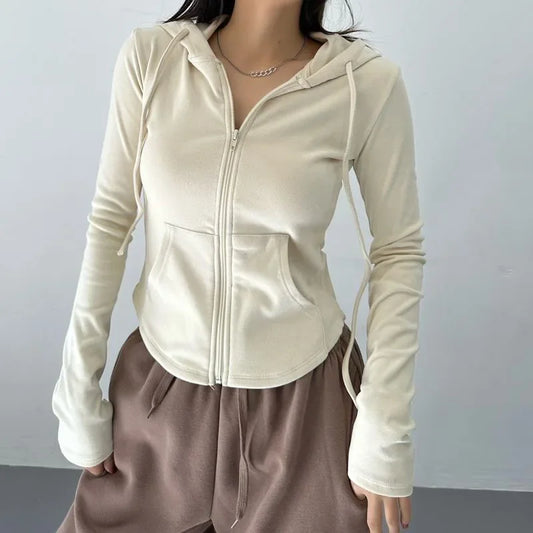 SMVP Streetwear Hooded Pockets Sweatshirt Women Casual Solid Sports Long Sleeve Hoodies Woman Autumn Slim Zipper Cropped Coat