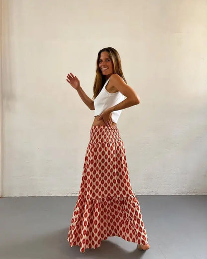 Women's Casual Boho Skirts New Spring Summer Fashion Vintage Loose Elastic Waist Floral Print Ethenic Style Beach Maxi Skirt