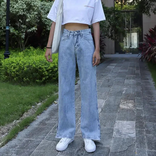 With Slits Woman Jeans Wide Leg Denim Pants for Women Top Selling Shiny Baggy South Korea Clothes Stylish 2025 Fashion Trousers