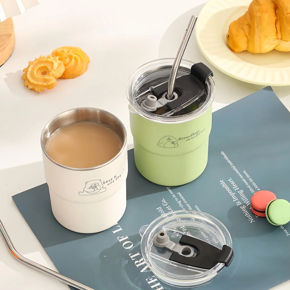 10-Ounce Coffee Cup Set with Straw And Lid Stainless Steel 304 Portable Outdoor Mug Office Removable Inner Cup Home Water Mug