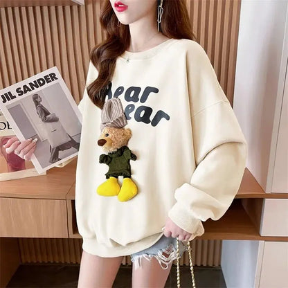 Women's Clothing Trendy Funny Cute 3D Cartoon Bear Streetwear Y2K Sweatshirt Korean O Neck Long Sleeve Oversize Pullover Hoodies