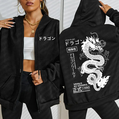 World Of Dragon Special 1990 Pattern Women Zipper Hoodie Trendy Fleece Hoody Casual Autumn Sportswear Retro Loose Streetwear