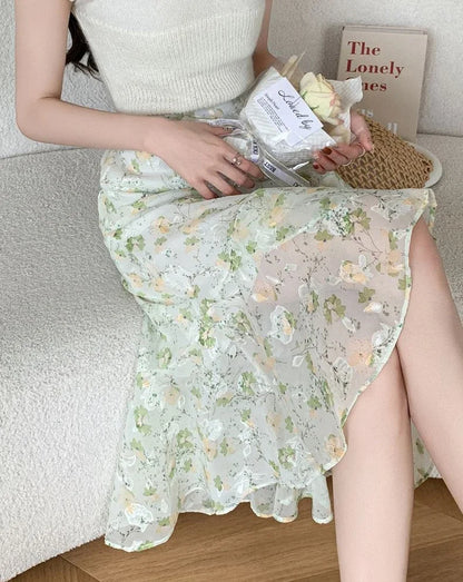 Blue Woman Skirt Floral Midi Ruffle Chiffon A Line Y2k Vintage Chic and Elegant Aesthetic Streetwear 2025 Trend Skirts for Women