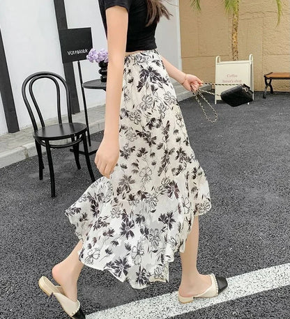 Blue Woman Skirt Floral Midi Ruffle Chiffon A Line Y2k Vintage Chic and Elegant Aesthetic Streetwear 2025 Trend Skirts for Women