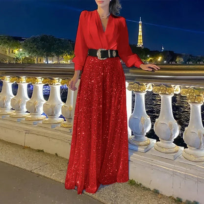 BWQ Splice Sequins Maxi Dresses For Women Fashion Folds Loose V Neck Elegant Dress Femme Party Evening Dresses Luxury 2024