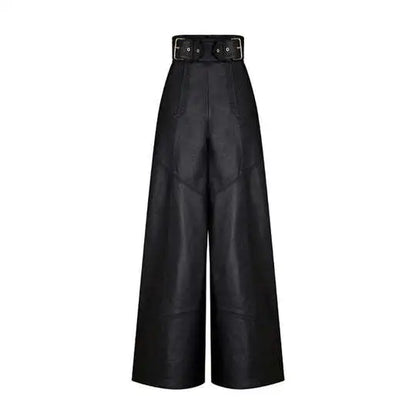 Casual Loose Leather Pants Women High Waist Wide Legs Solid Pocket Flare Pant Female 2025 Autumn Fashion Belt Streetwears Lady