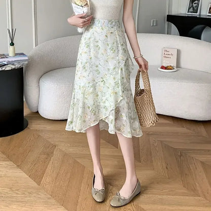 Blue Woman Skirt Floral Midi Ruffle Chiffon A Line Y2k Vintage Chic and Elegant Aesthetic Streetwear 2025 Trend Skirts for Women