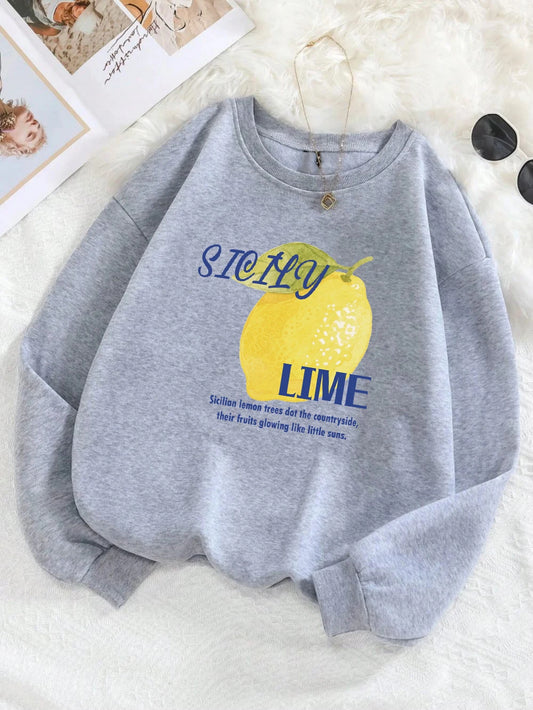 Sicily Lime Lemon Printing Hoodie Womens Casual Pocket Pullover Winter Fleece Warm Sweatshirt Comfortable Loose Womans Clothes