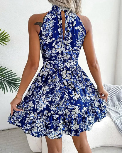 Spring Summer Floral Halter Neck Short Dresses Holiday Beach Sundress Casual Halter Short Dresses Clothes Women