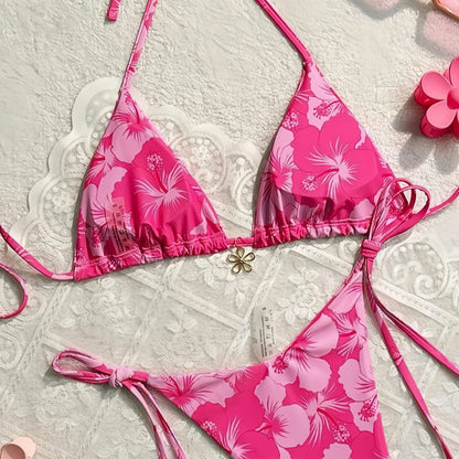 2025 Triangle Cup Bikini Set Printed Design Adjustable Straps Lightweight Separates Women Swimwear Beach Vacation Essential