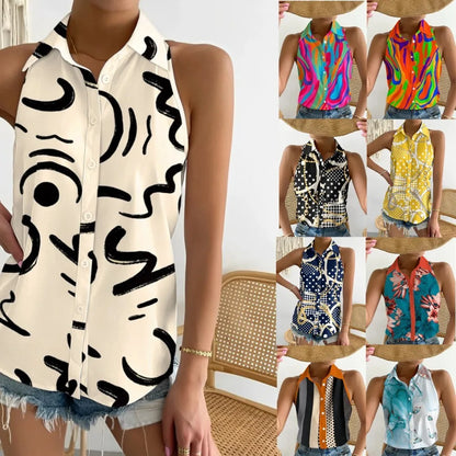 Global AliExpress Europe and America cross-border summer casual fashion one-shoulder sleeveless abstract print women's shirt