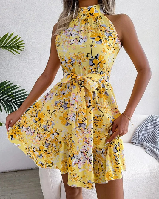 Spring Summer Floral Halter Neck Short Dresses Holiday Beach Sundress Casual Halter Short Dresses Clothes Women