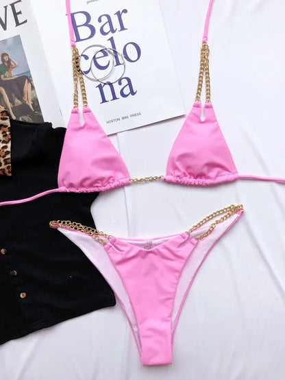 Sexy Micro Bikini 2025 Solid Black Push Up Bra Chain Metal Strap Swimsuit Brazilian Beach Bathing Suit Thong Swimwear Biquini