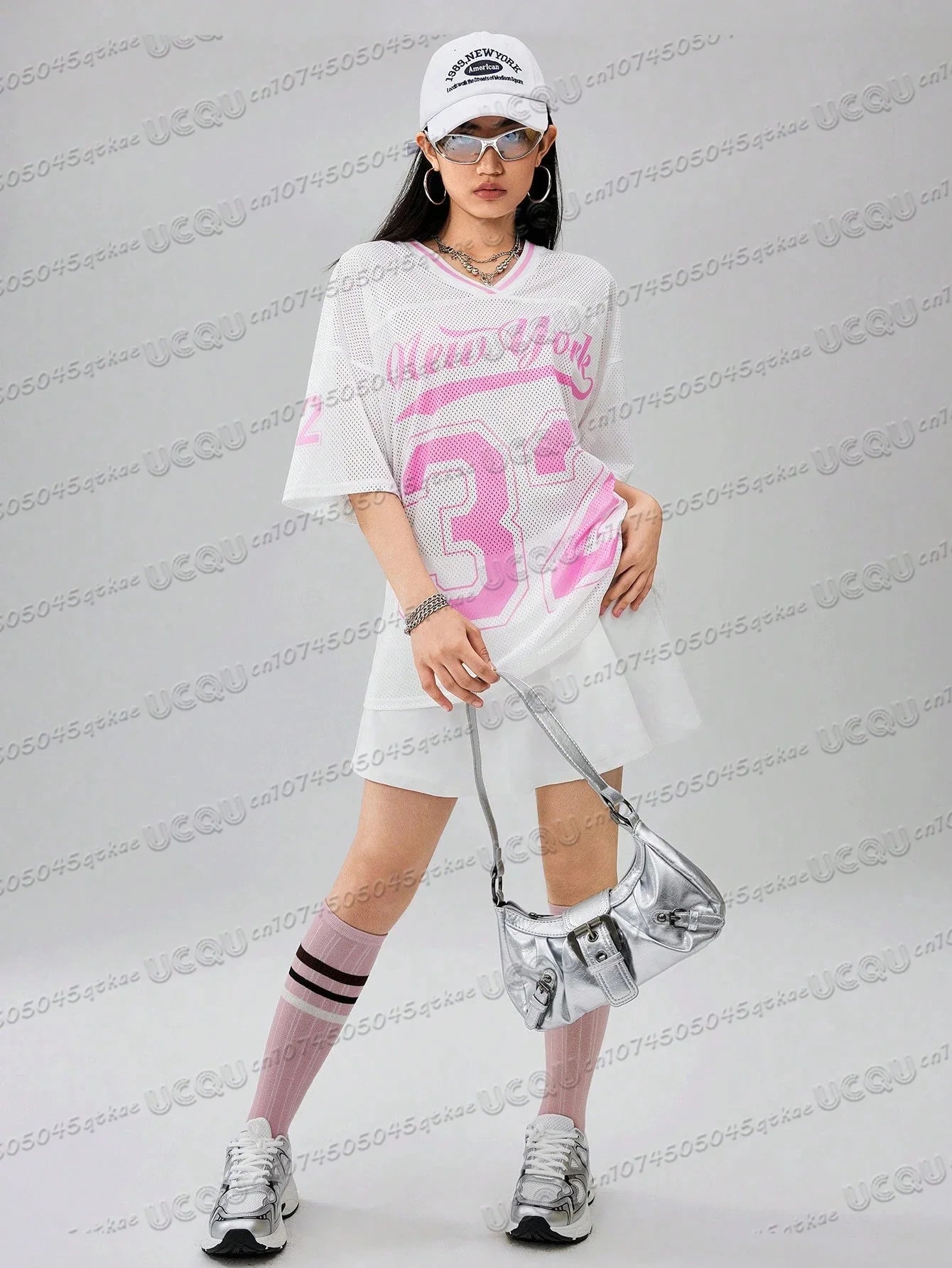 American Digital Printed Jersey T-Shirt V-Neck Mesh  Short Sleeved World Bank Streetwear Casual Women'S Clothing Top