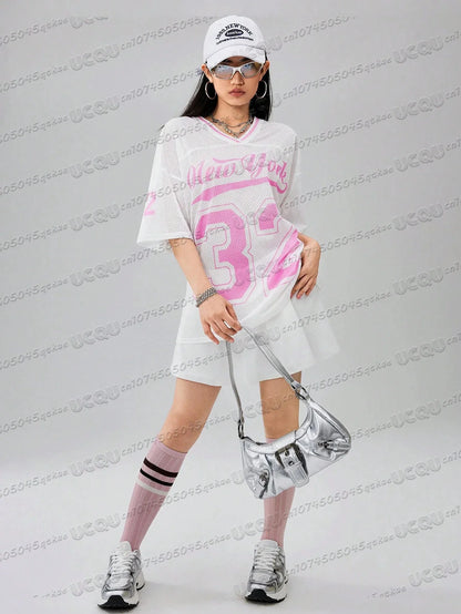 American Digital Printed Jersey T-Shirt V-Neck Mesh  Short Sleeved World Bank Streetwear Casual Women'S Clothing Top