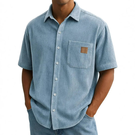 Men's Summer Shirts Elegant Shirt Luxury Clothes Man Retro Corduroy Short Sleeve Shirt Casual Fashion Logo Patch 2025