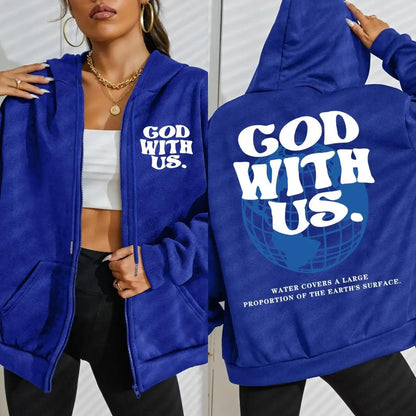 God With Us Water Covers Earth Print Zipper Hoodie Women Street Fleece Hoody Fashion Casual Sportswears Autumn Loose Sportswear