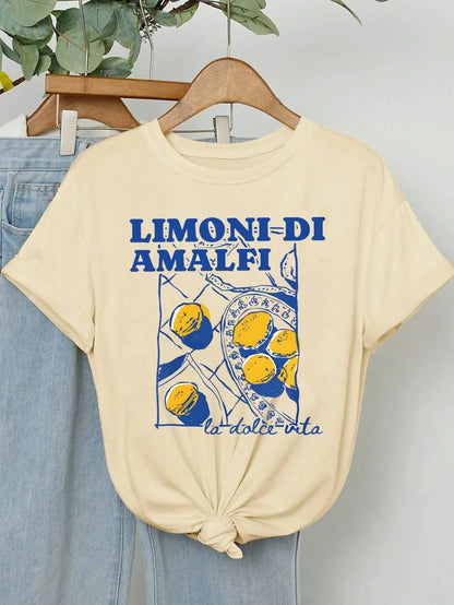 Limoni Di Amalfi Lemon Graphic Women's New Trend Collection Crew Neck Lettering Casual T-Shirt Summer Fashion