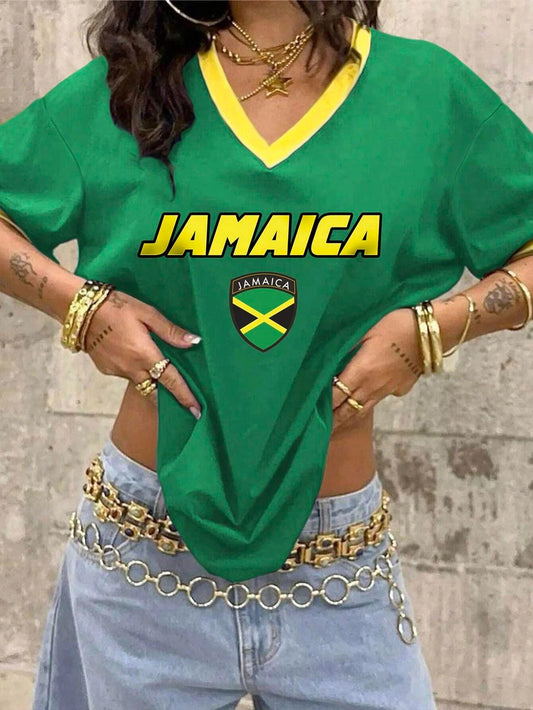 Jamaica Letter Printed Jersey T-Shirt V-Neck Loose Polyester Fabric Short Sleeved Fashionable Streetwear Women'S Clothing Top