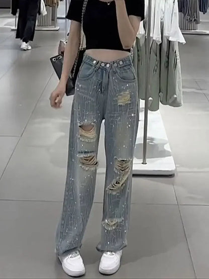 Pantaloni in denim da donna con strass, jeans da donna, gamba dritta, aderenti, larghi, tendenza 2025, economici, grunge, Y2K, pantaloni elasticizzati anni '90