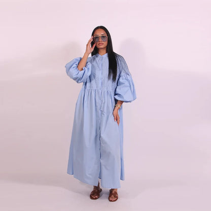 Casual Long Dress Women Loose O Neck Single Breasted Long Sleeves High Waist Robe Female 2025 Summer Fashion Solid Dresses Lady
