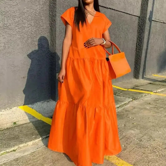 women sundress  Loose V-neck Patchwork Short Sleeves Solid Color Beach Dress Summer Women Dress Elegant Large Hem Maxi Dress