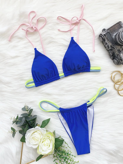 Contrast Color Sexy Micro Bikini Set Women's Swimsuit 2025 Summer Push Up Swimwear Triangle String Biquini Bathing Suit Monokini