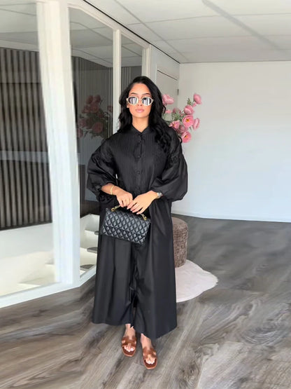 Casual Long Dress Women Loose O Neck Single Breasted Long Sleeves High Waist Robe Female 2025 Summer Fashion Solid Dresses Lady
