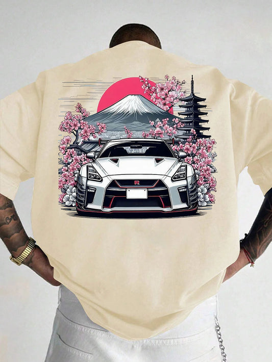 Sakura Car Print T-shirt Men's Summer Sweat-absorbing Breathable Comfortable Top Outdoor Short-sleeved Trendy Men's Clothing