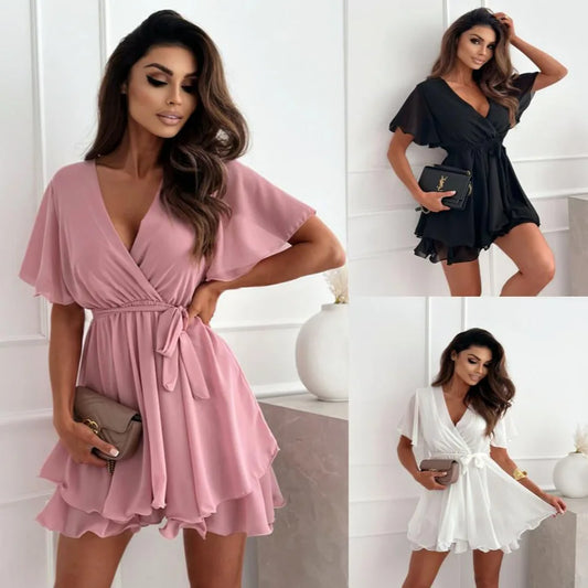 Summer Casual Party Dresses Sexy V-neck Cross Strap Mini Skirt Ruffled Hem Chiffon Dress Female Fashion Women White Black Dress
