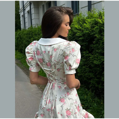 Sweet Floral Printed Ruffle Hem Dress Chic A-line Lapel Puff Sleeve Dresses For Women 2025 Summer Lady Holiday Street Gowns New