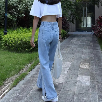 Con spacchi, jeans da donna, pantaloni in denim a gamba larga per le donne, pantaloni alla moda eleganti 2025, pantaloni larghi e lucidi più venduti in Corea del Sud.
